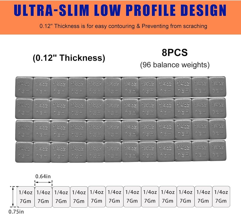 MUQIDA 96PCS 1/4 Oz Adhesive Backed Wheel Weights, 0.25Oz Tire Balancing Wheel Weights with Strong Adhesive, EasyPeel Type Low Profile Tire Weight Strip Box for Car Truck SUV Motorcycle - Image 2